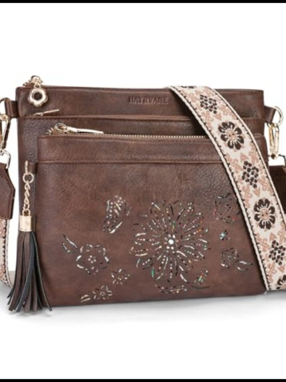 Womens Crossbody Bag Sunflower Cutout Multi Pocket Wide Strap Hobo Purse